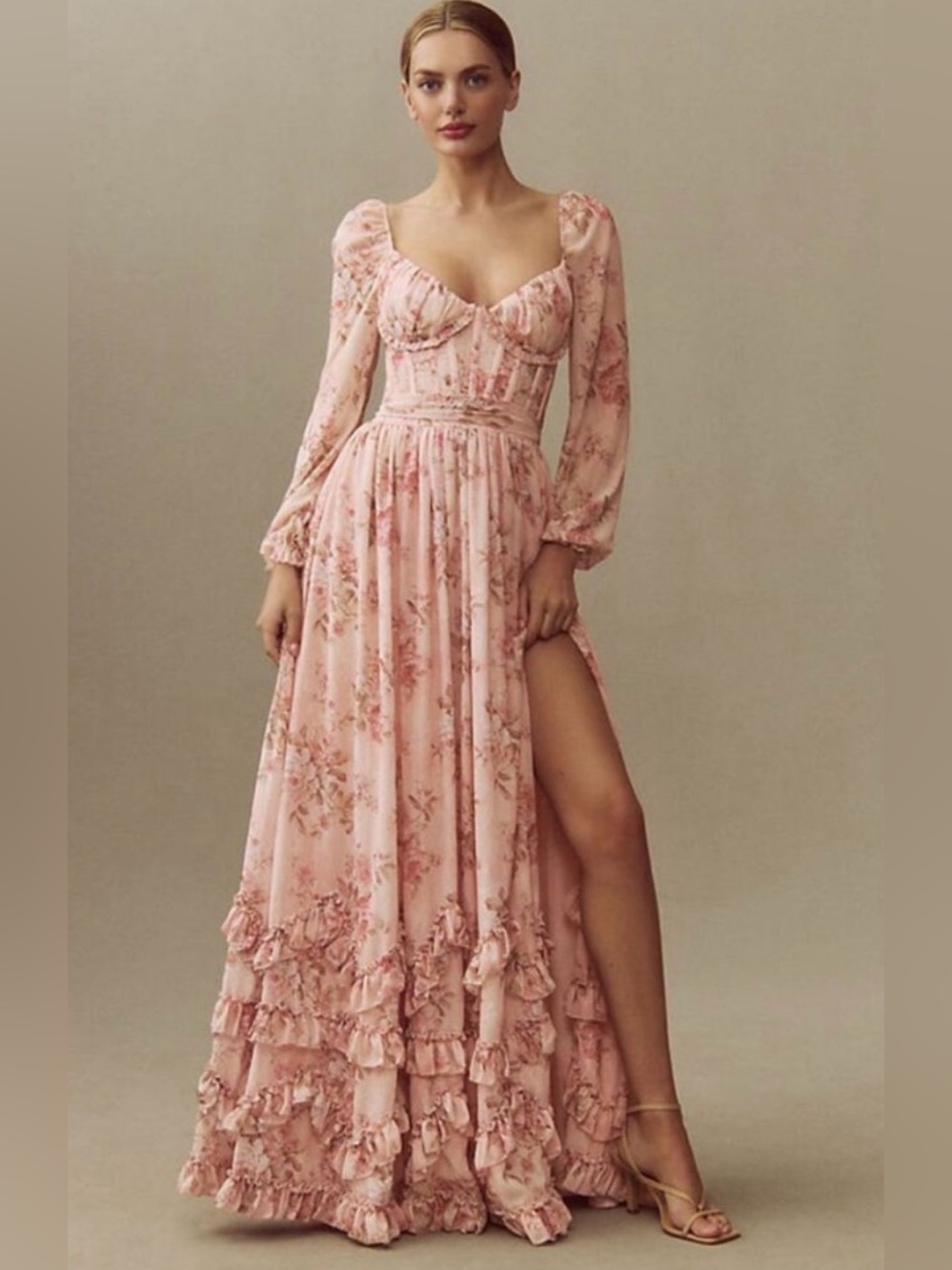 V. Chapman Carmella Long-Sleeve Corset Side-Slit Chiffon Maxi Dress 4